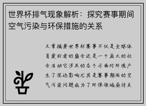 世界杯排气现象解析：探究赛事期间空气污染与环保措施的关系