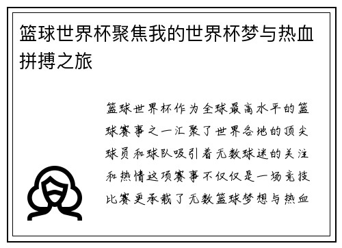 篮球世界杯聚焦我的世界杯梦与热血拼搏之旅